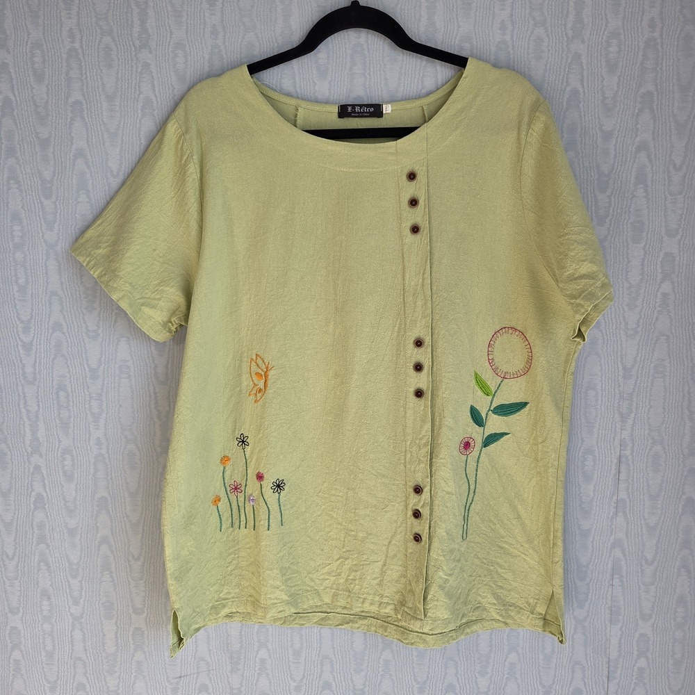 L Retro Womens XXL Top Floral Butterfly Embroidery Asymmetric Cottage‎ Teacher